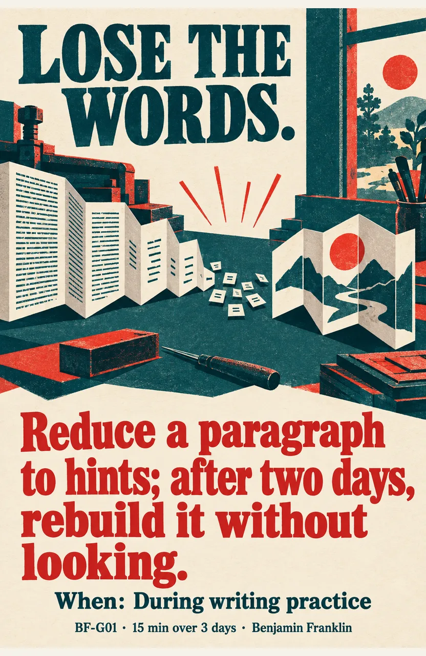 Reduce a paragraph to hints; after two days, rebuild it without looking. When: During writing practice