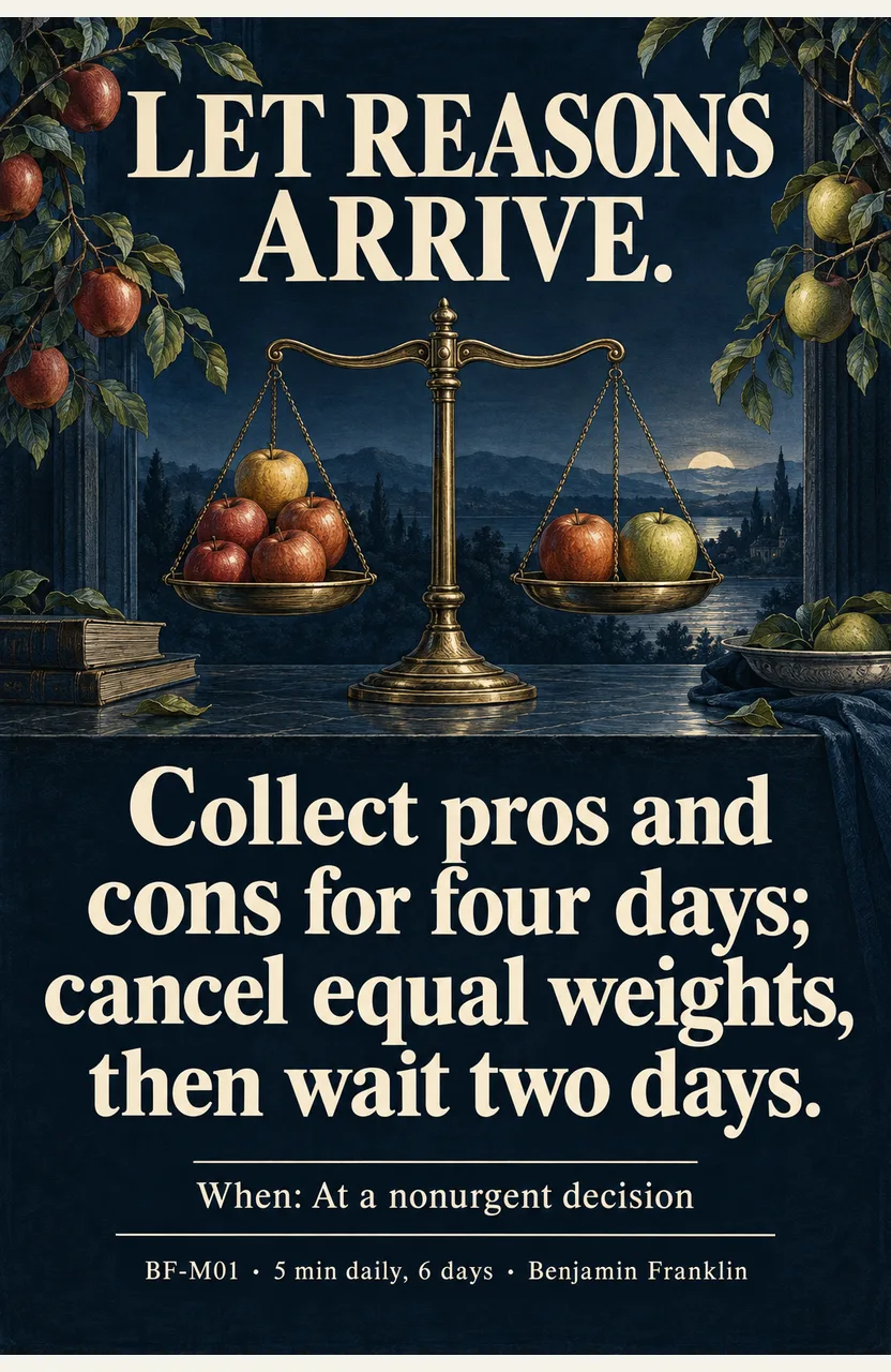 Collect pros and cons for four days; cancel equal weights, then wait two days. When: At a nonurgent decision