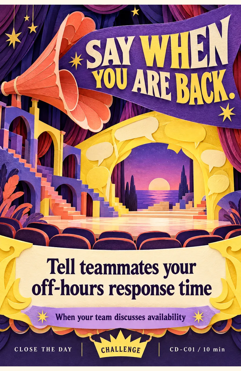 Tell teammates your off-hours response time When: your next team check-in offers a chance to discuss availability