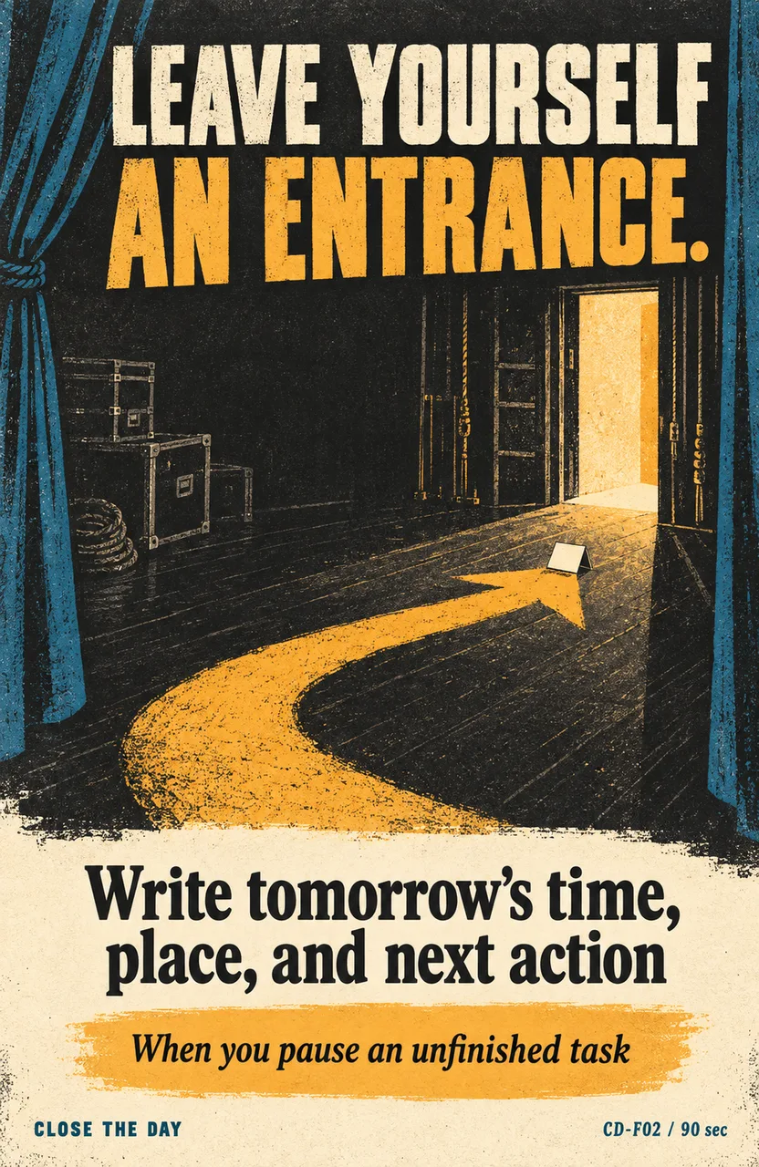 Write a restart plan before pausing work When: you pause an unfinished task for the day