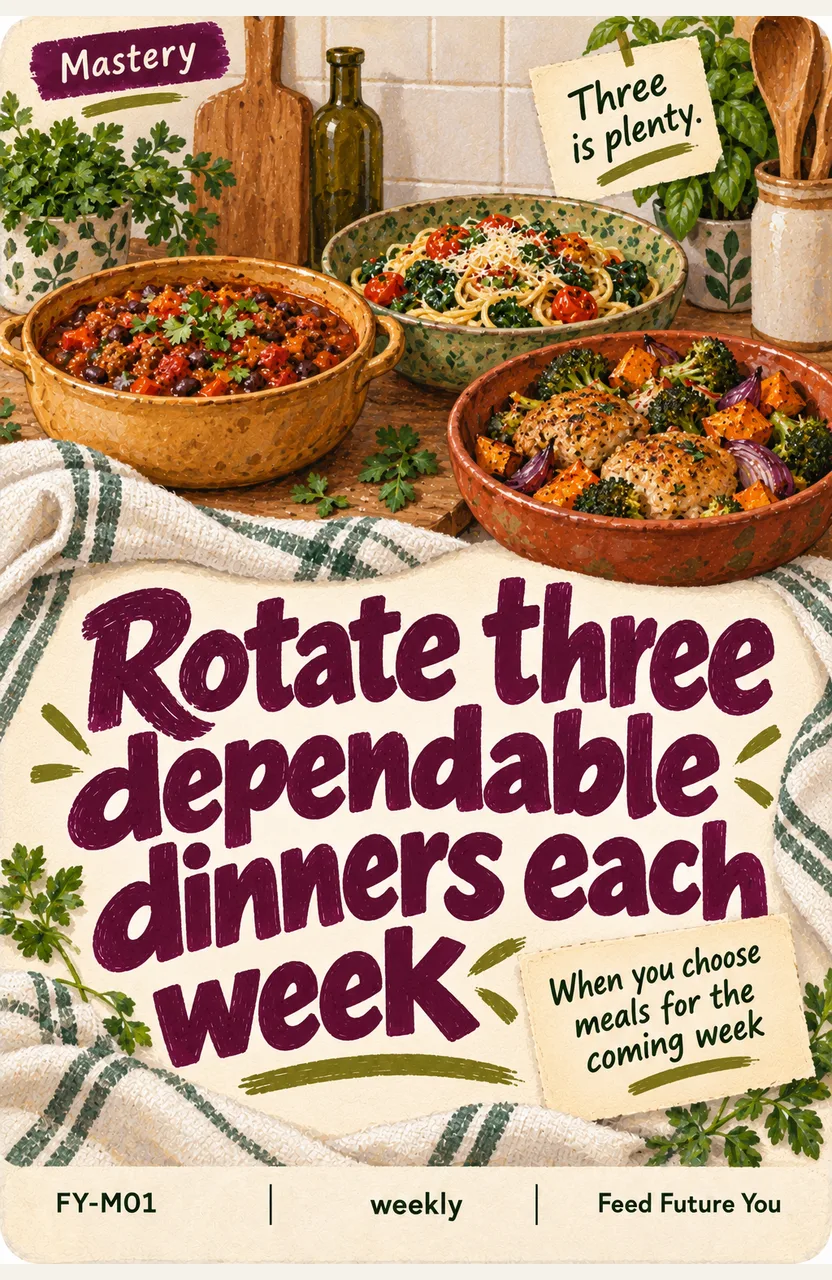 Rotate three dependable dinners each week When: you choose meals for the coming week