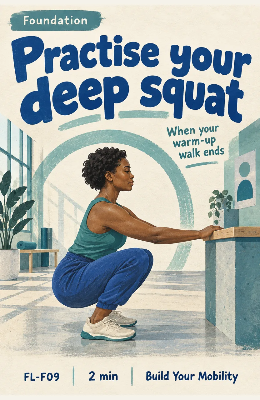 Practise your deep squat When: you finish a five-minute warm-up walk