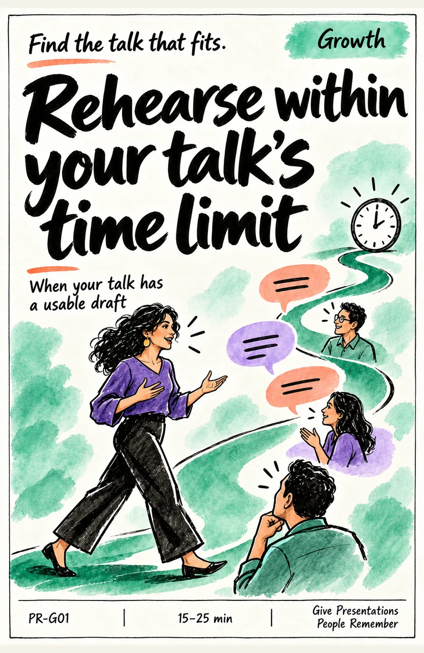 Rehearse your talk within its time limit When: your talk has a usable draft
