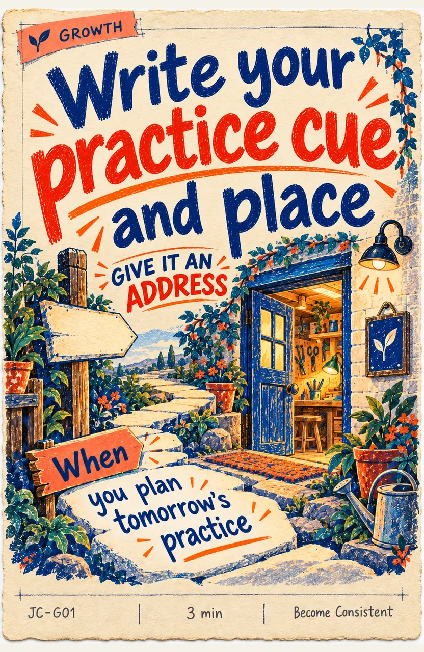 Write a Cue and Place for Your Practice When: you plan tomorrow’s practice