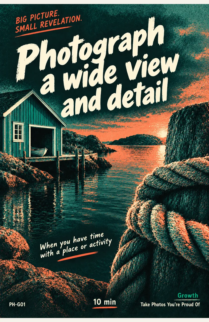 Photograph a wide view and a detail When: you have time with a place or activity
